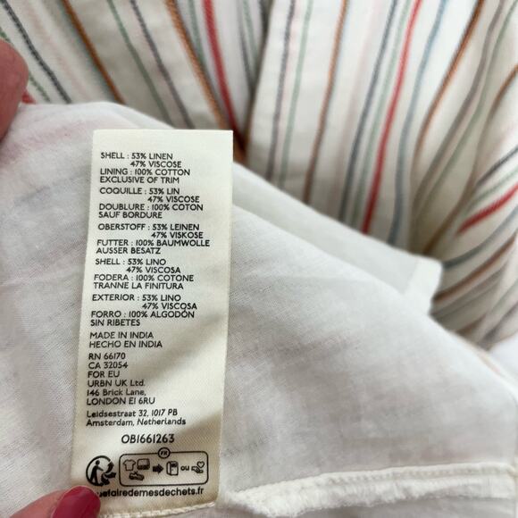 Anthropologie Maeve Womens Belted V Neck Button Front Midi Dress 14 Beige Stripe - Picture 14 of 15